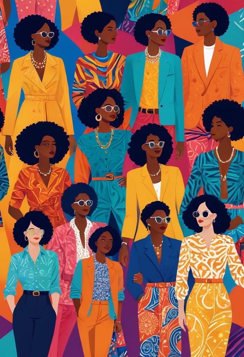 A vibrant, stylized illustration of diverse people interacting and connecting through fashion trends, each showcasing unique jimpish styles with colorful patterns. The background features dynamic shapes representing community and creativity, with visual hints of social media and digital connections. Emphasize warmth and inclusivity among the characters, highlighting the joy of self-expression through style. vector art. vibrant colors. contemporary.