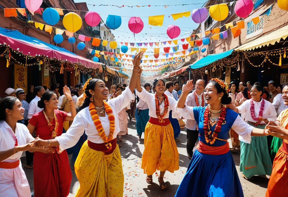 A vibrant, lively scene showcasing a Jimp festival, with colorful traditional attire, people dancing joyously, and various cultural activities happening around. Bright decorations and banners fill the background, along with unique Jimp artifacts displayed prominently. The atmosphere is festive, filled with laughter and energy, embodying the essence of community spirit. Colorful confetti floats in the air, adding to the celebratory mood. illustrative art. vibrant colors. dynamic composition.