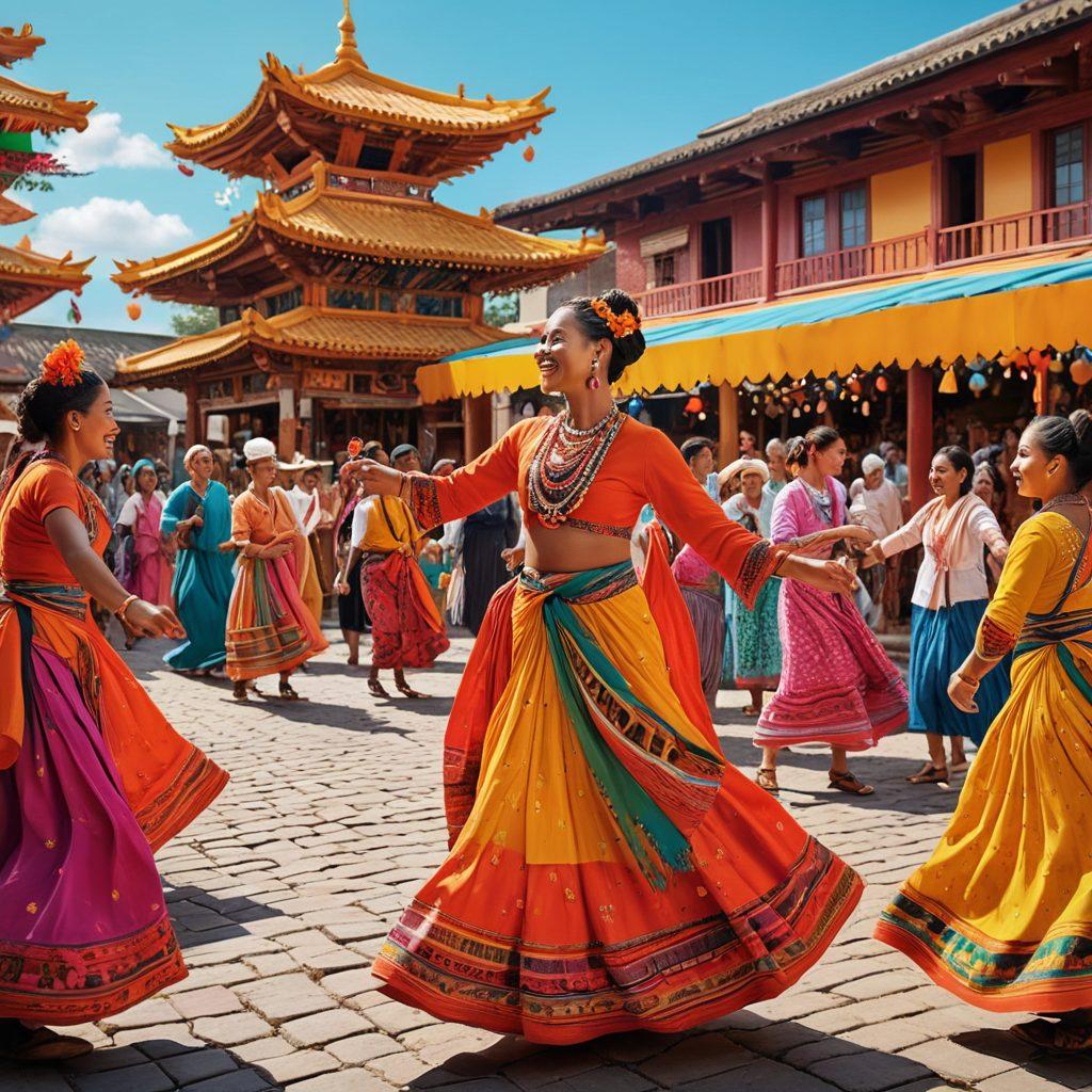 A vibrant collage of Jimp culture featuring colorful patterns, traditional clothing, and joyful community gatherings. Include elements such as intricate handwoven textiles, people showcasing Jimp dance styles, and a backdrop of a lively marketplace filled with art and crafts. Bright colors and dynamic poses to convey a sense of celebration and cultural richness. super-realistic. vivid colors. 3D.